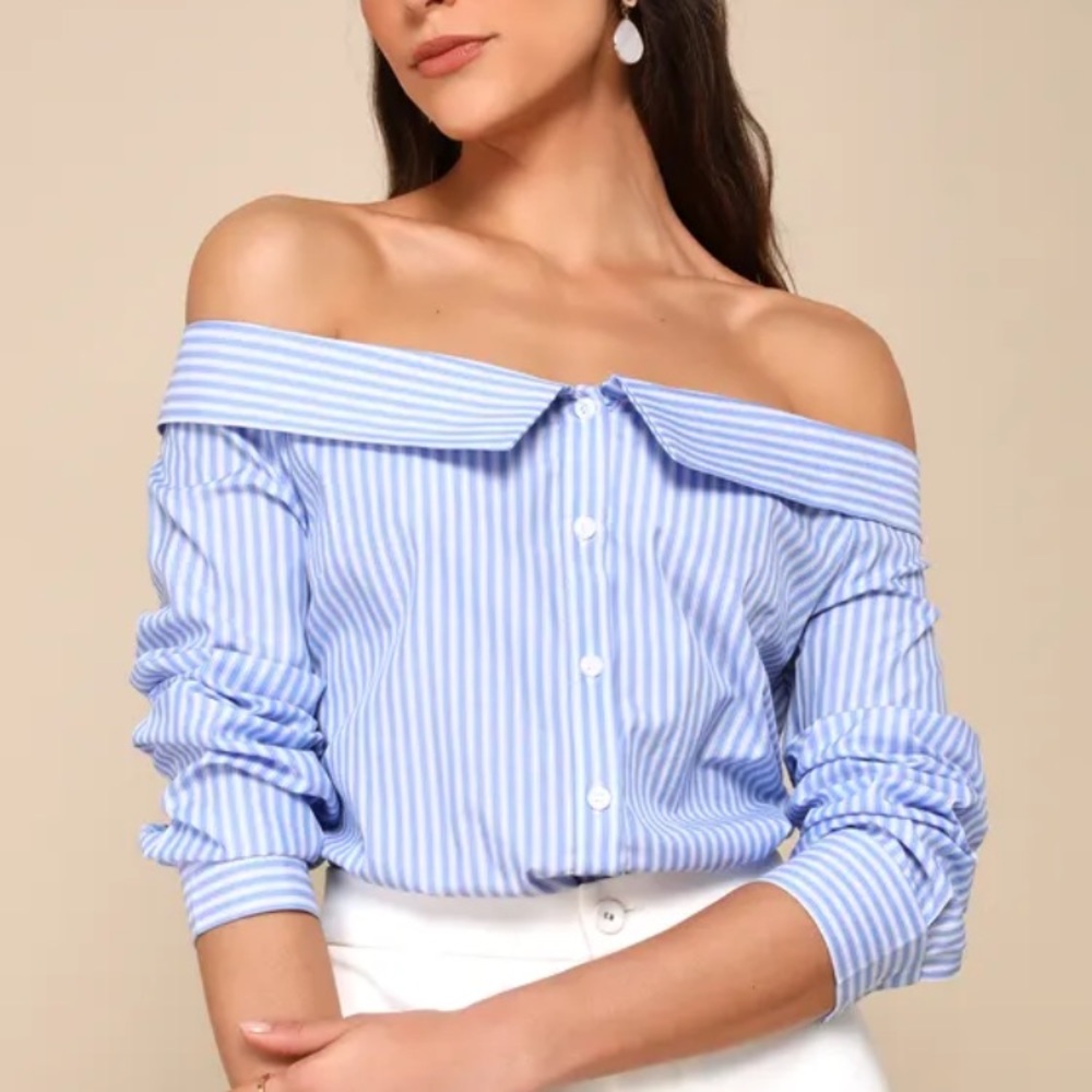 NWT Lulus Blue Striped Off-Shoulder Blouse, Size M